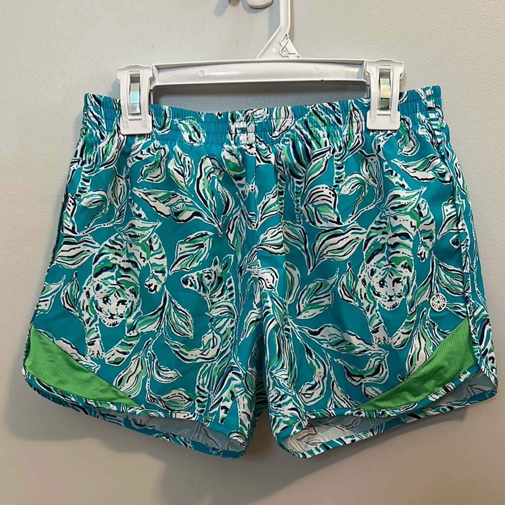 Lilly Pulitzer Luxletic Teal and Green Ocean Trails Shorts.  Women’s XXS